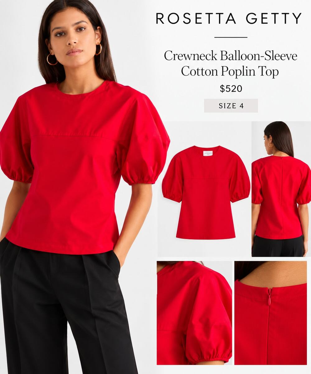 Rosetta Getty $520 Crewneck Balloon-Sleeve Cotton Poplin Top Size 4